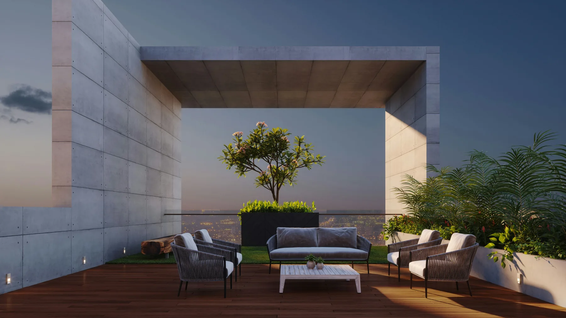 Modern gestaltete Dachterrasse am Abend